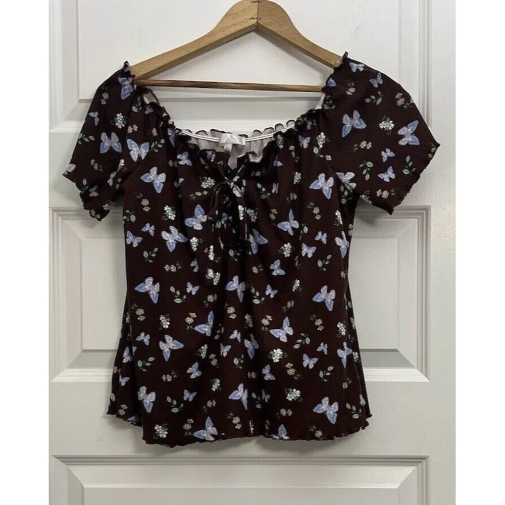 Y2K Style Butterfly Shirt Womens Brown Size S Floral Ruffle Hem Fairy READ